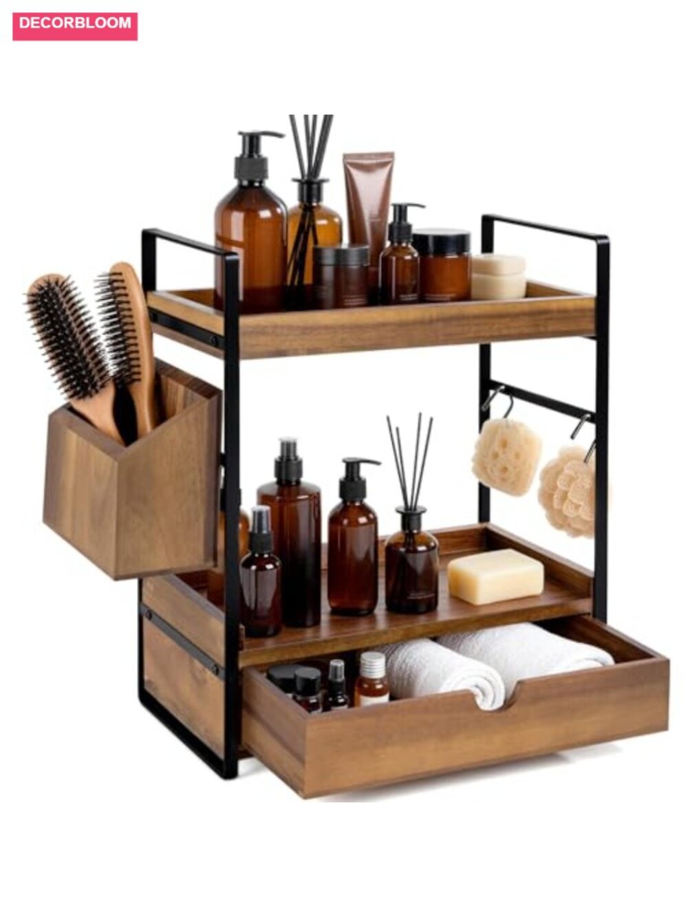 Acacia Wood 2-Tier Bathroom Counter Organizer with Drawer, Vanity Shelf